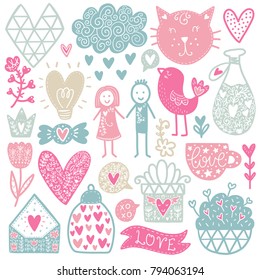 Scandinavian Doodles elements. Color vector items. Illustration with new year decor. Design for prints and cards.