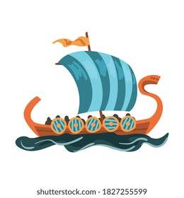 Scandinavian Draccar, Norway Long boat with Dragon Head Cartoon Style Vector Illustration