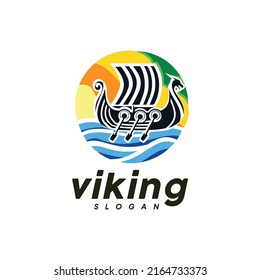 scandinavian drakkar logo design illustration of Viking ship 