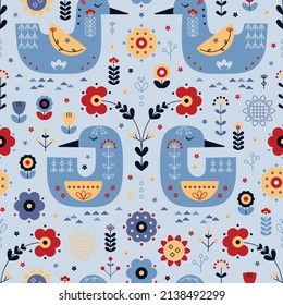 Scandinavian Duck Floral Ornament Folk Art Design. Birds and Flowers Colorful Seamless Pattern. Vector illustration