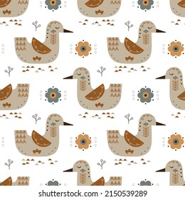 Scandinavian Duck with Floral Ornament Seamless Pattern. Earth Tone Background with Birds and Flowers. Nordic Traditional Cute ornament. Scandi style. Folk Art Design Vector illustration. 