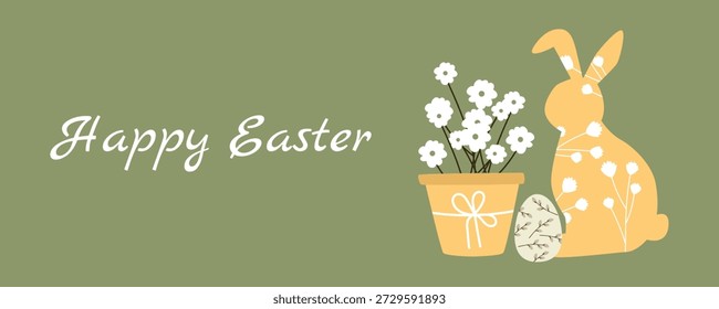 Anuncio escandinavo de Pascua con conejo, huevo decorativo y flores de primavera, estilo nórdico mínimo