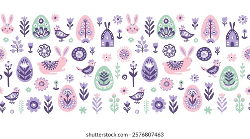 Scandinavian Easter Border Frame with Bunnies, Eggs, Flowers, Birds. Pastel Spring Seamless Pattern Easter Rabbits and Floral Designs. Folk Decorated Eggs. Hand drawn flat style vector illustration.