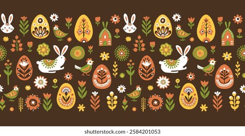 Scandinavian Easter Border Frame with Bunnies, Eggs, Flowers, Birds. Pastel Spring Seamless Pattern Easter Rabbits and Floral Designs. Folk Decorated Eggs. Hand drawn flat style vector illustration.