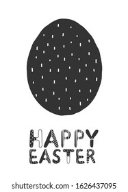 Scandinavian Easter card with lettering and black egg with a pattern on a white background