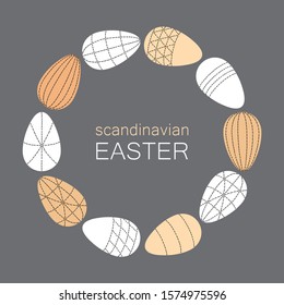 Scandinavian Easter eggs frame background with primitive geometric line art ornament in neutral colors for your decoration