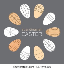 Scandinavian Easter eggs frame background with primitive geometric line art ornament in neutral colors for your decoration