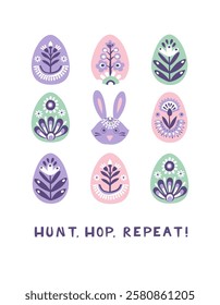 Scandinavian Easter Illustration with Decorative Eggs and Bunny. Folk Art Pastel Design. Easter Poster with rabbit, Eggs, Playful Typography lettering: Hunt, Hop, Repeat. Hand drawn flat style vector