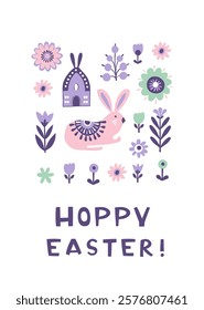 Scandinavian Easter Illustration with Decorative flowers and Bunny. Folk Art Pastel Design. Whimsical Easter Poster with rabbit Playful Typography lettering: Hoppy Easter. Hand drawn flat style vector