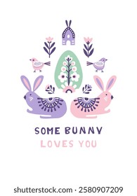 Scandinavian Easter Illustration with Decorative flowers and Bunny. Folk Art Pastel Design. Whimsical Easter Poster with rabbit Playful Typography lettering: Hoppy Easter. Hand drawn flat style vector