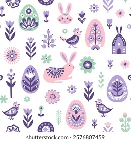 Scandinavian Easter Pattern with Bunnies, Eggs, Flowers, and Birds. Pastel Spring Seamless Pattern with Easter Rabbits and Floral Designs. Folk Decorated Eggs. Hand drawn flat style vector illustratio