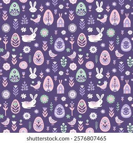 Scandinavian Easter Pattern with Bunnies, Eggs, Flowers, and Birds. Pastel Spring Seamless Pattern with Easter Rabbits and Floral Designs. Folk Decorated Eggs. Hand drawn flat style vector illustratio