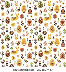 Scandinavian Easter Pattern with Bunnies, Eggs, Flowers, and Birds. Pastel Spring Seamless Pattern with Easter Rabbits and Floral Designs. Folk Decorated Eggs. Hand drawn flat style vector illustratio