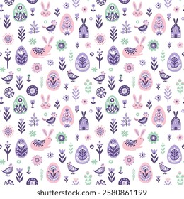 Scandinavian Easter Pattern with Bunnies, Eggs, Flowers, and Birds. Pastel Spring Seamless Pattern with Easter Rabbits and Floral Designs. Folk Decorated Eggs. Hand drawn flat style vector illustratio