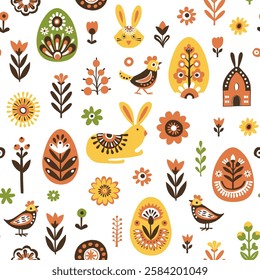 Scandinavian Easter Pattern with Bunnies, Eggs, Flowers, and Birds. Pastel Spring Seamless Pattern with Easter Rabbits and Floral Designs. Folk Decorated Eggs. Hand drawn flat style vector illustratio