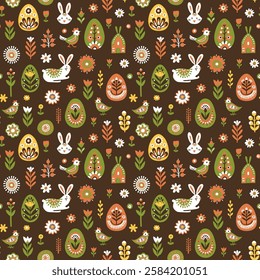 Scandinavian Easter Pattern with Bunnies, Eggs, Flowers, and Birds. Pastel Spring Seamless Pattern with Easter Rabbits and Floral Designs. Folk Decorated Eggs. Hand drawn flat style vector illustratio