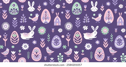 Scandinavian Easter Pattern with Bunnies, Eggs, Flowers, and Birds. Pastel Spring Seamless Pattern with Easter Rabbits and Floral Designs. Folk Decorated Eggs. Hand drawn flat style vector illustratio