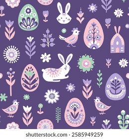 Scandinavian Easter Pattern with Bunnies, Eggs, Flowers, and Birds. Pastel Spring Seamless Pattern with Easter Rabbits and Floral Designs. Folk Decorated Eggs. Hand drawn flat style vector illustratio