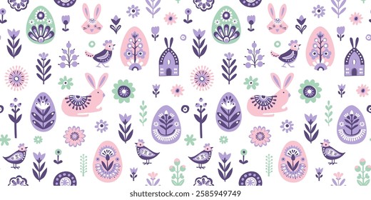 Scandinavian Easter Pattern with Bunnies, Eggs, Flowers, and Birds. Pastel Spring Seamless Pattern with Easter Rabbits and Floral Designs. Folk Decorated Eggs. Hand drawn flat style vector illustratio