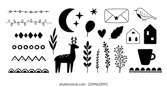Scandinavian elements graphic design. Black deer silhouettes, ethnic style doodle ornaments, moon, houses and branches. Decorative vector clipart
