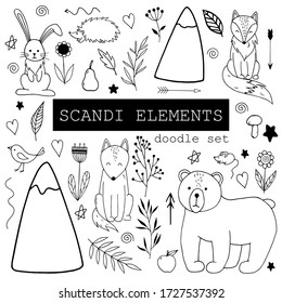 Scandinavian elements set. Hand drawn. Doodle cartoon animals for nursery posters, cards, kids t-shirts. Vector illustration. Bear, fox, hare, wolf, mouse, bird, hedgehog, flowers, mountains, leaves.