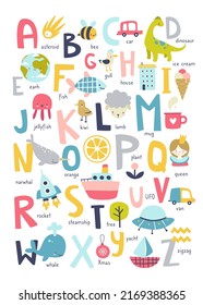 Scandinavian english alphabet for kids. Cartoon abc poster for nursery with cute abstract art.