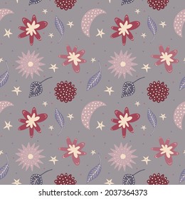 Scandinavian fantasy floral seamless pattern. Cute doodles curves of flowers, leaves, stars and dotted crescent moon. Vector endless texture for baby nursery decoration, kids apparel print etc