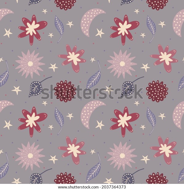 Scandinavian fantasy floral seamless pattern. Cute\
doodles curves of flowers, leaves, stars and dotted crescent moon.\
Vector endless texture for baby nursery decoration, kids apparel\
print etc