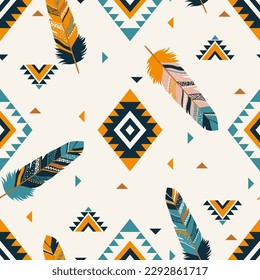 Scandinavian feathers and navajo ornament seamless pattern. Ethnic boho texture. Light background. Vector illustration. Great for textile, print, paper, t-shirt design