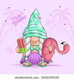 Scandinavian female gnome in beach outfit enjoying summer time, holding ice cream, pinky flamingo pool float with palm trees on the background