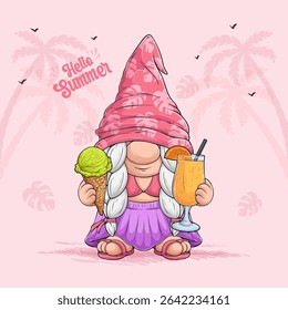 Scandinavian female gnome in beach swimwear enjoying summer time, holding ice cream, orange juice with palm trees on the background