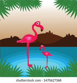 Scandinavian flamingo mom in sea illustration 