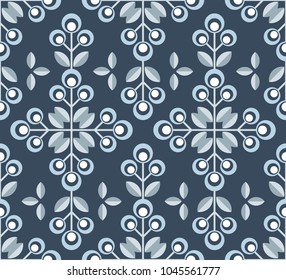 Scandinavian floral background, mid century wallpaper, seamless pattern. Vector illustration. Retro interior home decor in navy blue and silver gray colors.