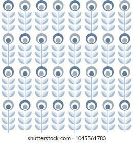 Scandinavian floral background, mid century wallpaper, seamless pattern. Vector illustration. Retro interior home decor in navy blue and silver gray colors.