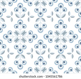 Scandinavian floral background, mid century wallpaper, seamless pattern. Vector illustration. Retro interior home decor in navy blue and silver gray colors.