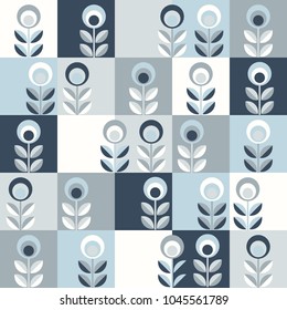 Scandinavian floral background, mid century wallpaper, seamless pattern. Vector illustration. Retro interior home decor in navy blue and silver gray colors.