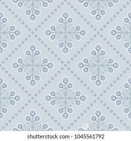 Scandinavian floral background, mid century wallpaper, seamless pattern. Vector illustration. Retro interior home decor in navy blue and silver gray colors.