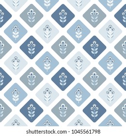 Scandinavian floral background, mid century wallpaper, seamless pattern. Vector illustration. Retro interior home decor in navy blue and silver gray colors.