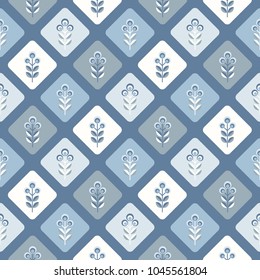 Scandinavian floral background, mid century wallpaper, seamless pattern. Vector illustration. Retro interior home decor in navy blue and silver gray colors.