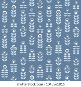 Scandinavian floral background, mid century wallpaper, seamless pattern. Vector illustration. Retro interior home decor in navy blue and silver gray colors.