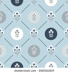 Scandinavian floral background, mid century wallpaper, seamless pattern. Vector illustration. Retro interior home decor in navy blue and silver gray colors.