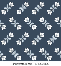 Scandinavian floral background, mid century wallpaper, seamless pattern. Vector illustration. Retro interior home decor in navy blue and silver gray colors.