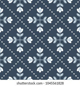 Scandinavian floral background, mid century wallpaper, seamless pattern. Vector illustration. Retro interior home decor in navy blue and silver gray colors.