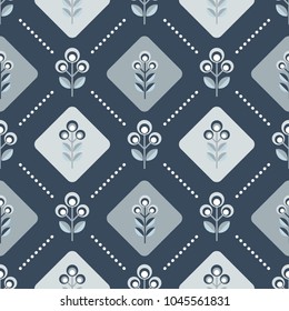 Scandinavian floral background, mid century wallpaper, seamless pattern. Vector illustration. Retro interior home decor in navy blue and silver gray colors.