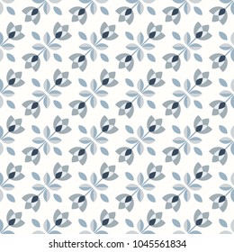 Scandinavian floral background, mid century wallpaper, seamless pattern. Vector illustration. Retro interior home decor in navy blue and silver gray colors.