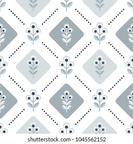 Scandinavian floral background, mid century wallpaper, seamless pattern. Vector illustration. Retro interior home decor in navy blue and silver gray colors.