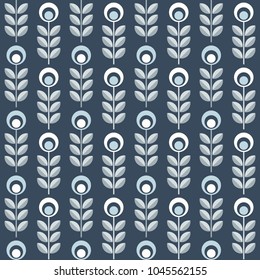 Scandinavian floral background, mid century wallpaper, seamless pattern. Vector illustration. Retro interior home decor in navy blue and silver gray colors.