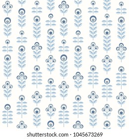 Scandinavian floral background, mid century wallpaper, seamless pattern. Vector illustration. Retro interior home decor in navy blue and silver gray colors.