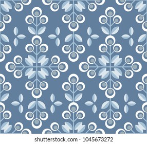 Scandinavian floral background, mid century wallpaper, seamless pattern. Vector illustration. Retro interior home decor in navy blue and silver gray colors.