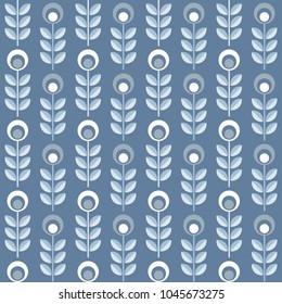 Scandinavian floral background, mid century wallpaper, seamless pattern. Vector illustration. Retro interior home decor in navy blue and silver gray colors.